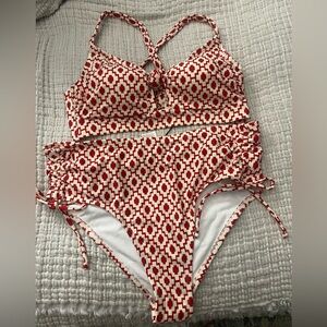 Shade & Shore Red and Cream Geometric Bikini Set